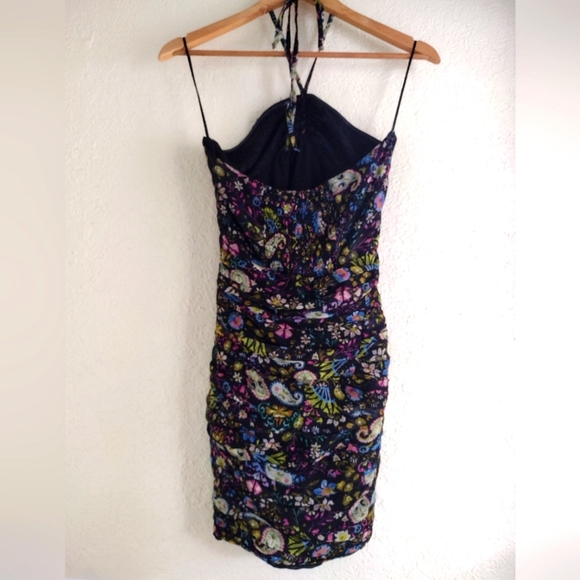 ZARA black paisley ruched body con halter mini dress - Picture 10 of 11